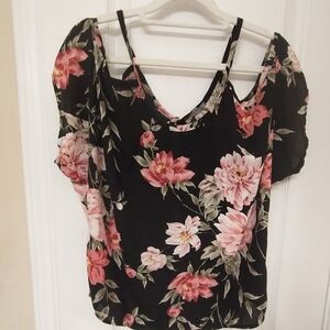 Charlotte Russe Black and Pink Floral Cold Shoulder Blouse